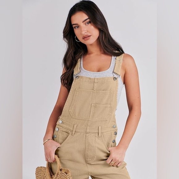 NEW Anrabess Small 4/6 Khaki Denim Overalls Cross Back Design Pockets Casual - Picture 5 of 14